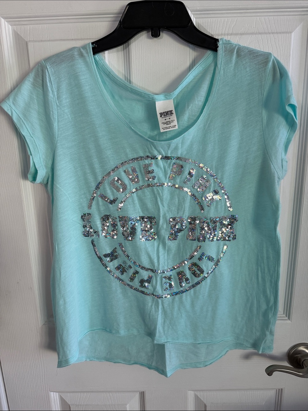 PINK Victoria's Secret Aqua Sequin 'LOVE PINK' Short Sleeve Tee